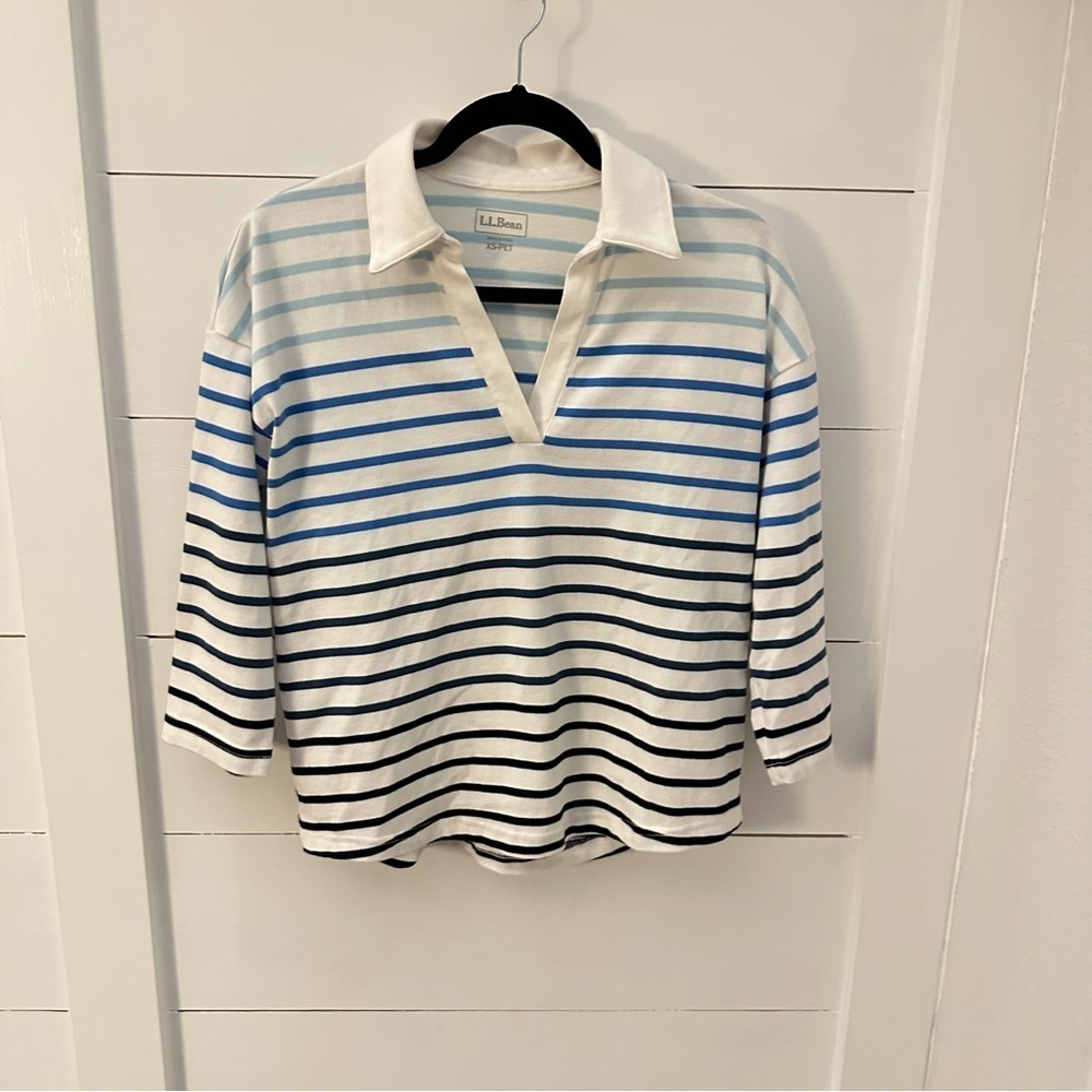 LL BEAN XSP Heritage Mariner striped collared woman 3/4 sleeve cotton top casual - Picture 2 of 14